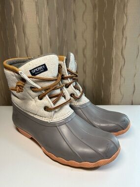 Sperry Saltwater Sport Girl's 3M Duck Boot Side Zip Gray Tan Peach STK164544